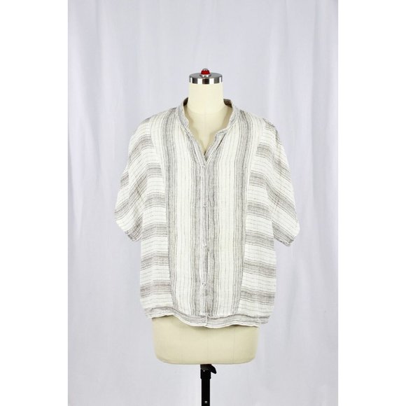 POLDER Spencer White Black Striped Linen Gauze Mandarin Collar Blouse, Size 42 - Picture 3 of 13
